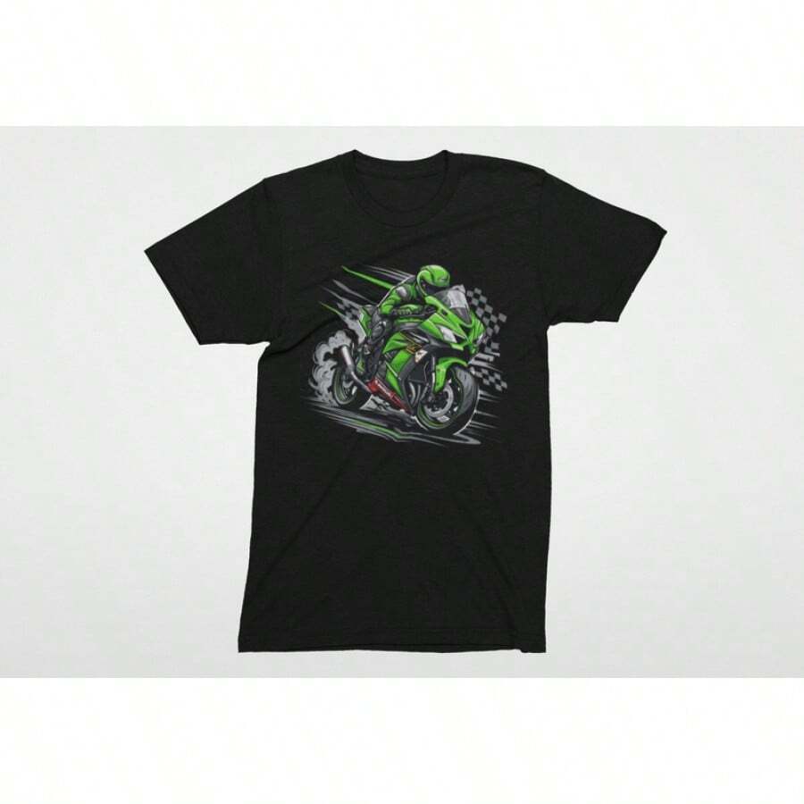 Vintage Green Kawasaki ZX Motorcycle T-Shirt | Superbike Racing Graphic Apparel - Summer Tops - 黑色 - 查看 1