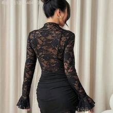 MewMuse. PETITE Vestido mini de encaje transparente y sexy color borgoña, adecuado para citas diarias, salidas nocturnas, discotecas, fiestas, reuniones, fiestas de cóctel, fiestas de piscina, otoño/invierno - Marrón Chocolate - Ver 3