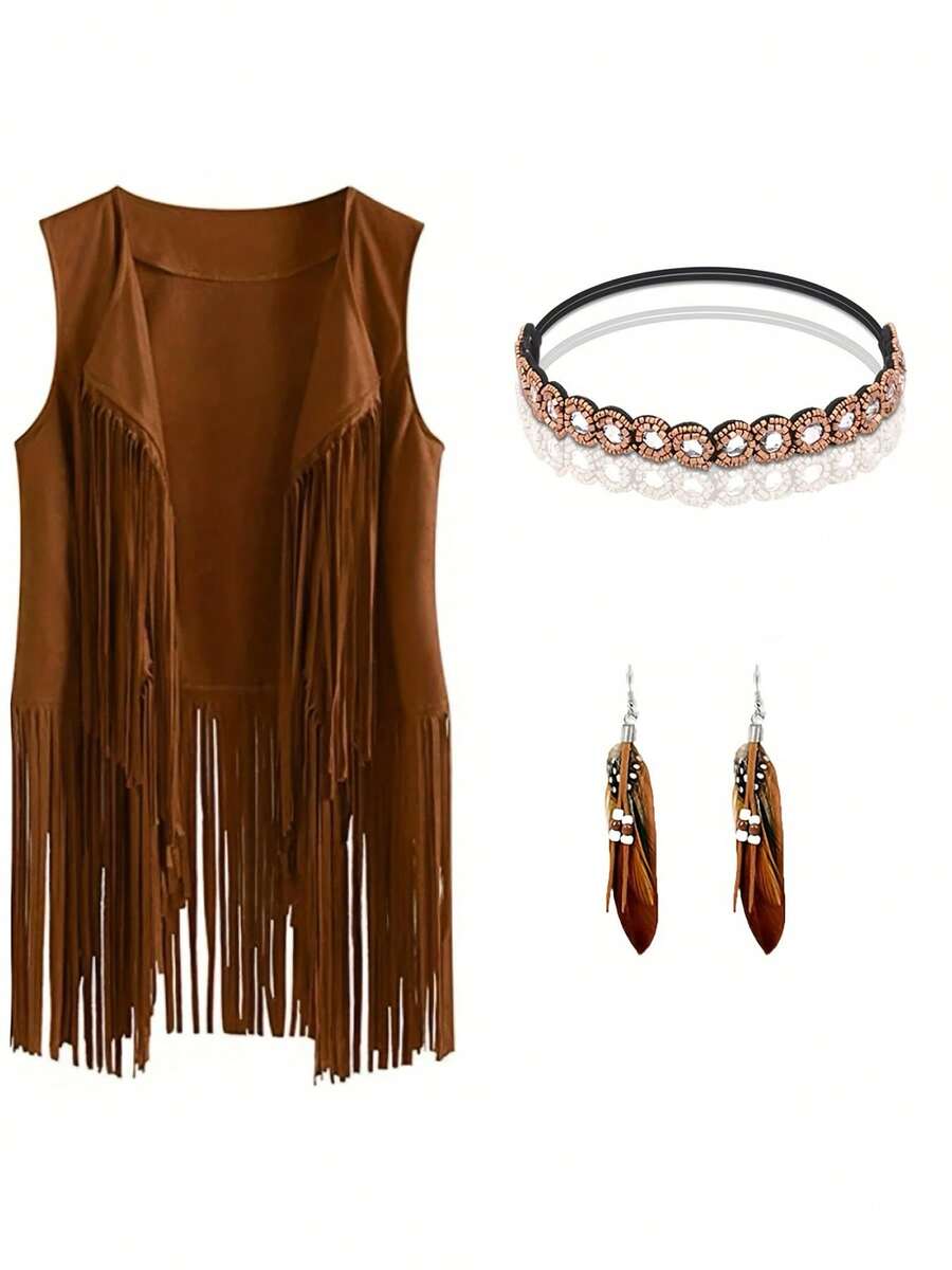 60s 70s Outfits For Women Festival Boho Outfit Set Brown Fringe Vest, Feather Earrings & Beaded Headband Disco Hippie Costume Clothes Vest Brown - Brown - View 1