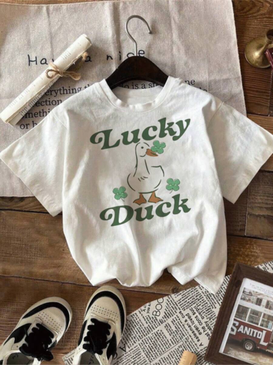 conjuntos para niña (Solo está disponible para la  la camiseta de manga corta que aparece en la imagen) Camiseta Lucky Duck With Clovers 1 pieza 100% algodón para el Día de San Patricio Camiseta 100% algodón puro, diseño moderno, impresión de alta calidad - Blanco - Ver 1