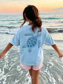 Girls' Light Blue Sea Turtle Print T-Shirt, Casual Coastal Summer Short Sleeve Tee For Teens - Baby Blue - View 2