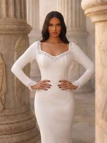 Modphy Neu eingetroffenes schwarzes sexy langärmliges V-Ausschnitt handgefertigtes perlenbesetztes figurbetontes langes Kleid, elegant für Abendgala und formelle Anlässe Hochzeitsparty Weiß Herbst - Weiss - Übersicht 2