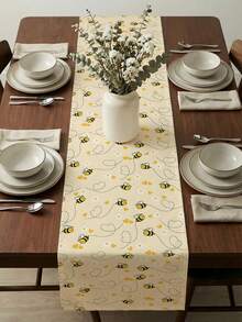 1 Pc Bee And Floral Border Print Polyester Table Runner Rustic Vintage Style Rectangle Washable Decorative Table Runner For Kitchen Dining Room - Yellow - View 3