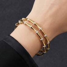 2pcs Elegant Exquisite 18K Gold Plated Stainless Steel White Zirconia Bamboo Knot Bangle Bracelet For Women, Suitable For Daily And Party Wear, Perfect Gift - Gold - View 2