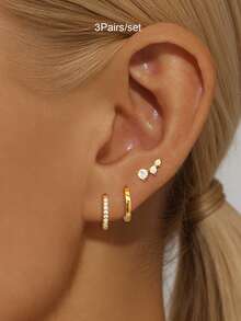 3Pairs Earrings Set For Women Gold Plated Zirconia Stud Hoop Earrings Stack Women Daily Jewelry Accessories - 3Pairs/set - View 2
