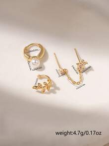 Nooxian 3pcs Gold-Tone Earring Set: Rhinestone Leaf Ear Cuff + Floral Zirconia Tassel Chain Earrings + Pearl Pendant Hoop Earrings, Luxury Layered Design - Yellow Gold - View 6