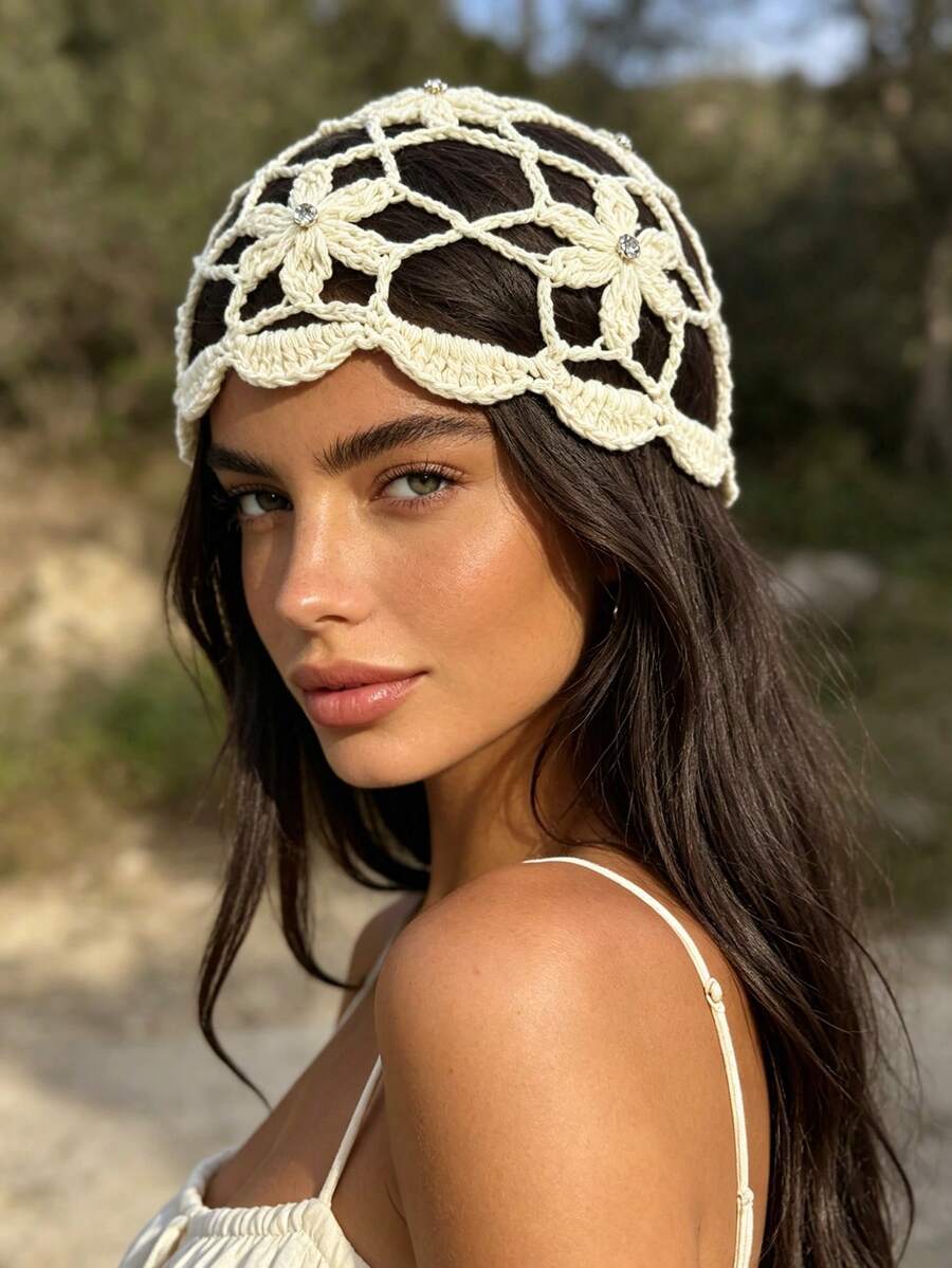1 chiếc mũ len dệt kim kiểu Bohemian, đa năng, đính đá, họa tiết hoa rỗng. - Nhiều màu - Xem 1