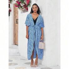 Women's Tie Dye & Leopard Print Kimono Cover Up, Loose Open Front Long Beach Cardigan, Casual Swimsuit Coverups For Summer - 綠色(ZS1660-15) - 查看 4