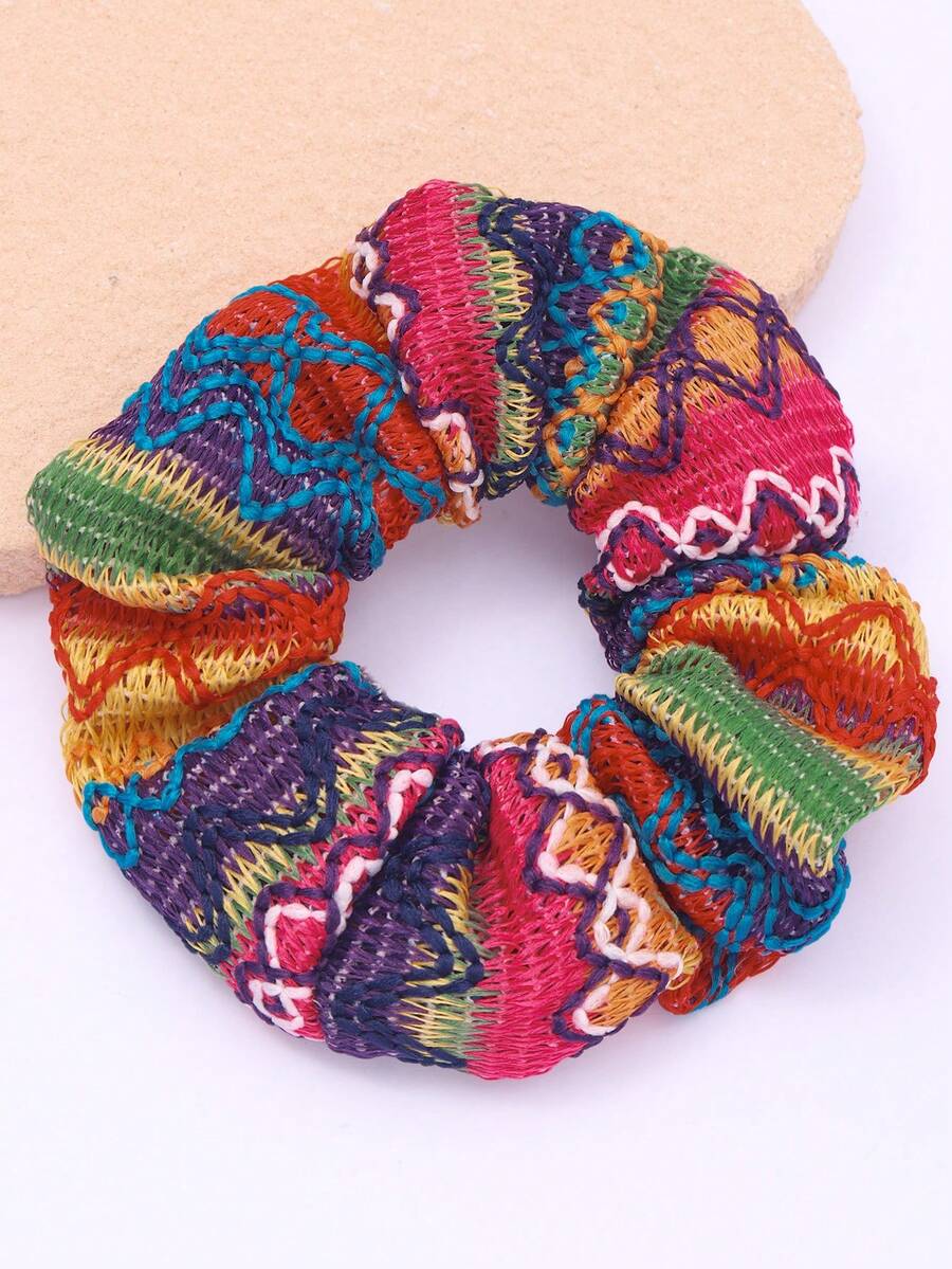 1件裝配色刺繡寬邊日常女用馬尾髮圈 橡筋髮帶 - 彩色 - 查看 1