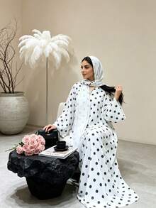 Polka Dot Print Open Front Abaya Kimono, Wide Flare Sleeve Loose Modest Muslim Long Outerwear Cardigan For Daily Holiday Occasions - Multicolor - View 36
