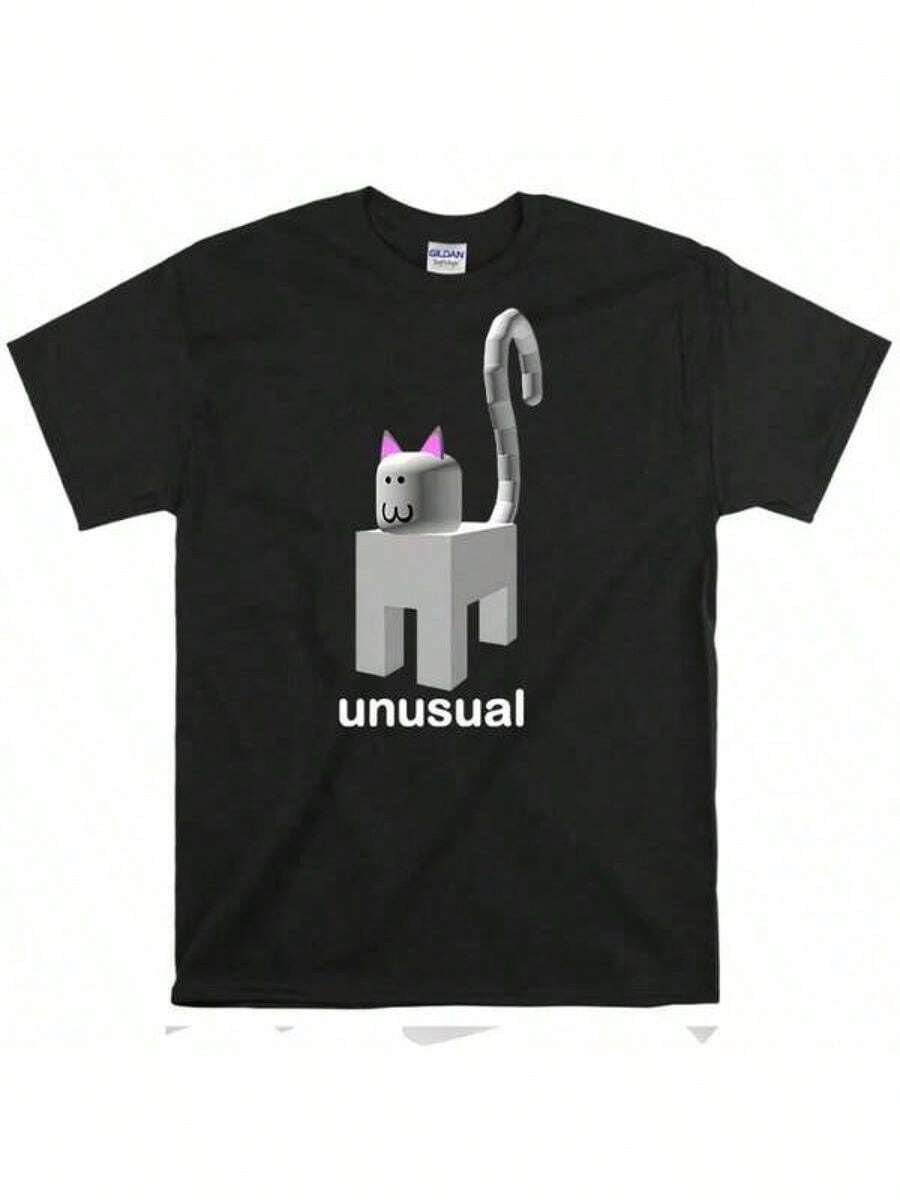 This 230g Unisex Fun Graphic T-Shirt Features An Unusual Cat Expression And A Short-Sleeved Crew Neck Design, Perfect For Casual Street Style. - Black - View 1