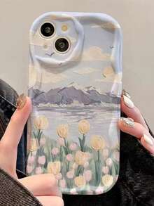 1pc Cream Texture - White - Tulip Pattern Case Compatible With Apple 11-17 Pro Max - Multicolor - View 2