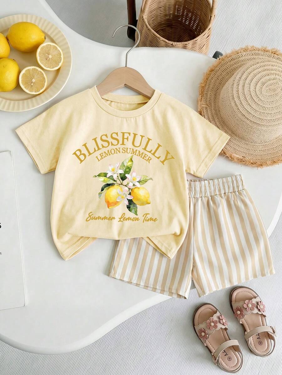 2pcs/Set Conjunto de Shorts Casuales con Estampado Floral de Limón Fresco y Simple para Niña Joven - Albaricoque - Ver 1