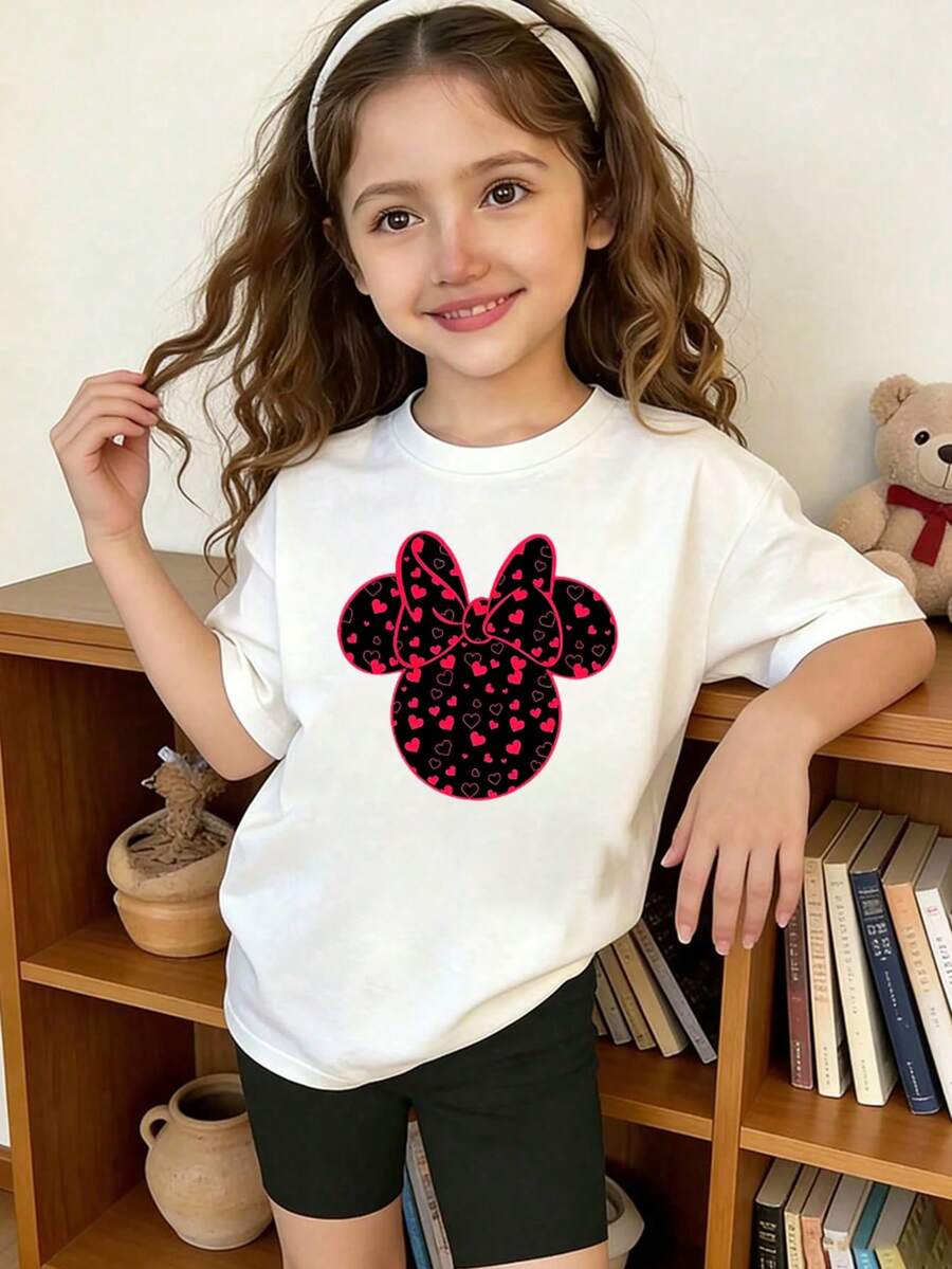 Disney Minnie Mouse Girls' Short Sleeve T-Shirt, 2-14 Years, Cute Black Minnie Head With Pink & Red Heart Bow Print, Casual Daily Top For Kids, Express Delivery - trắng - Xem 1