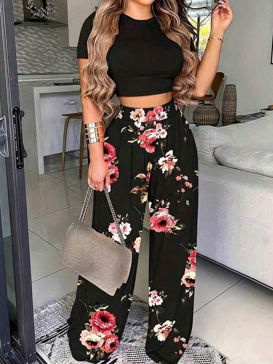 Conjunto de Top corto con estampado floral y pantalones largos con estampado de plantas para mujeres, para primavera/verano - Multicolor - Ver 1