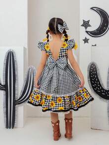 Short-Sleeved Puff-Sleeved Dress For Girls, Luxury Children's Clothing, Versatile, Stylish, Blogger-Worthy, Birthday Gift, Flared With Ruffles, Country, June Festival, Events, Party, Floral Print, Plaid, Premium, Square Dance, São João Set With Bow, Flowers, Lace. - 黑色 - 查看 5