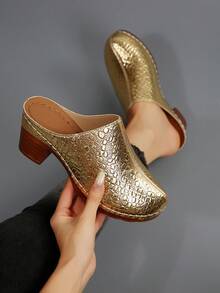 New Glossy Chunky Heel Mule Shoes, Fashionable Versatile And Comfortable - Gold - View 2