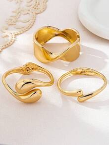 1/3 Gold Geometric Smooth Bow Asymmetrical Teardrop Shaped Bracelet Set For Women, Thick And Heavy Smooth Metal Bracelet Set - Multicolor - View 6