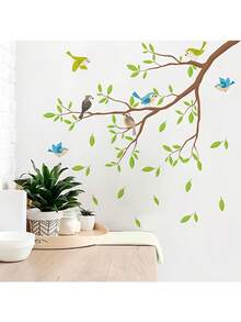 Cartoon Tree Branch & Bird Wall Sticker, Green Leaf Animal Wall Decal, Removable Peel And Stick For Kids Room Nursery Home Decor - Cartoon Tree Branch Bird - View 2