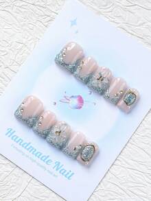 10 PIEZAS - Uñas postizas, forma cuadrada, 100% hechas a mano, estilo Y2K, de calidad resistente, reutilizables. Color rojo rosa, estilo francés, efecto 3D, adecuado para uso diario, fiestas, también el mejor regalo de vacaciones para niñas y mujeres. - Azul - Ver 2