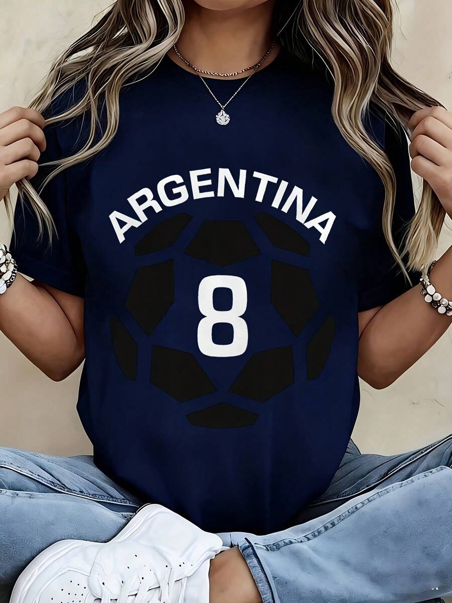[Official FIFA World Cup Licensed]Argentina Soccer Jersey T-Shirt - Men Women Unisex Casual Short Sleeve Cotton Tee With Number 8 And Geometric Pattern, Soft Breathable Summer Top For Football Fans, Birthday Gift For Friends Family - 藏蓝色 - 查看 1