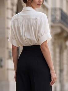 Women's White Short Puff Sleeve Blouse With Shirt Collar Button Up Front, Elegant Regular Length Non-Stretch Polyester Top - White - View 3