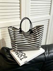 Premium Tote Bag Available In Large And Small Sizes, Featuring A Stylish Black-And-White Striped Design. This Versatile, Foldable Canvas Bag Functions - Multicolor - View 4