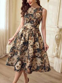 xheVintamour Vestido de mujer elegante y clásico vintage, vestido ajustado de jacquard para primavera/verano, vestido de escote barco, vestido floral rosa sobre base albaricoque, vestido rosa, vestido de vuelo de longitud mediaxhe - Amarillo 2 - Ver 8