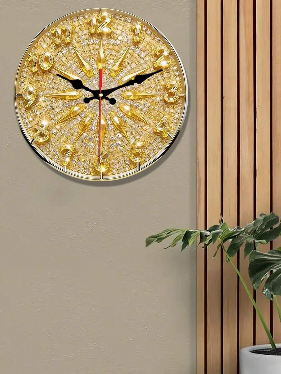1pc 2D Flat Gold Sparkling Diamond Theme Wooden Wall Clock, Silent Decorative Clock, Creative Wall Clock Suitable For Bedroom, Living Room And Office Decor, Batteries Not Included, 2D Flat - Multicolor - View 1