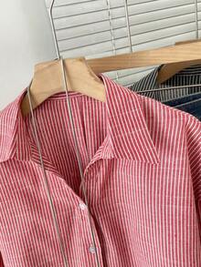Camisa de mujer de manga larga con hombros caídos, diseño de botones frontales, longitud regular, tela no elástica, estilo primavera - Rojo - Ver 4
