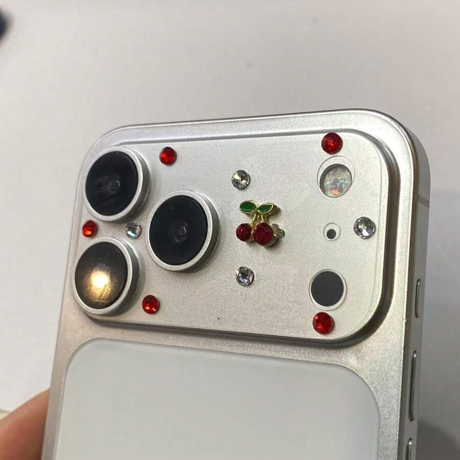 Compatible With Apple 17Promax Lens Base Film, Ins Style 3D Adhesive Drill, Apple 17Pro Electrostatic Adsorption All Inclusive Protective Sticker, IP17pm High-End Heavy-Duty Decorative Scratch Resistant Transparent Lens Protective Film - Cherry - View 1
