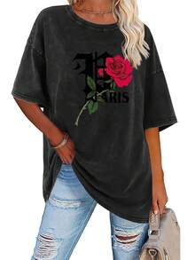 Women's 100% Pure Cotton Vintage Print T-Shirt - 230g Thick Cotton, Round Neck, Short Sleeves, Vintage Street Style, Machine Washable, Suitable For Casual Spring And Summer Wear, Loose Fit T-Shirt. - 黑色 - 查看 1