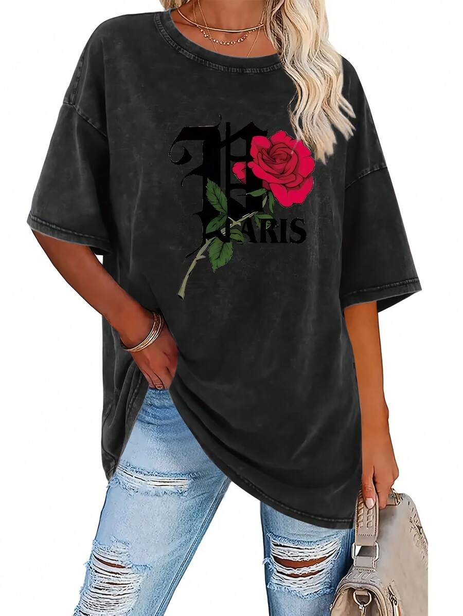 Women's 100% Pure Cotton Vintage Print T-Shirt - 230g Thick Cotton, Round Neck, Short Sleeves, Vintage Street Style, Machine Washable, Suitable For Casual Spring And Summer Wear, Loose Fit T-Shirt. - 黑色 - 查看 1