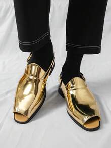 2026 Summer New Men's Peep-Toe Sandals, Slip-On Loafers, Casual Solid Color Comfortable Retro Low-Top Shoes, Suitable For Hosts, Graduation, Weddings - Gold - View 9