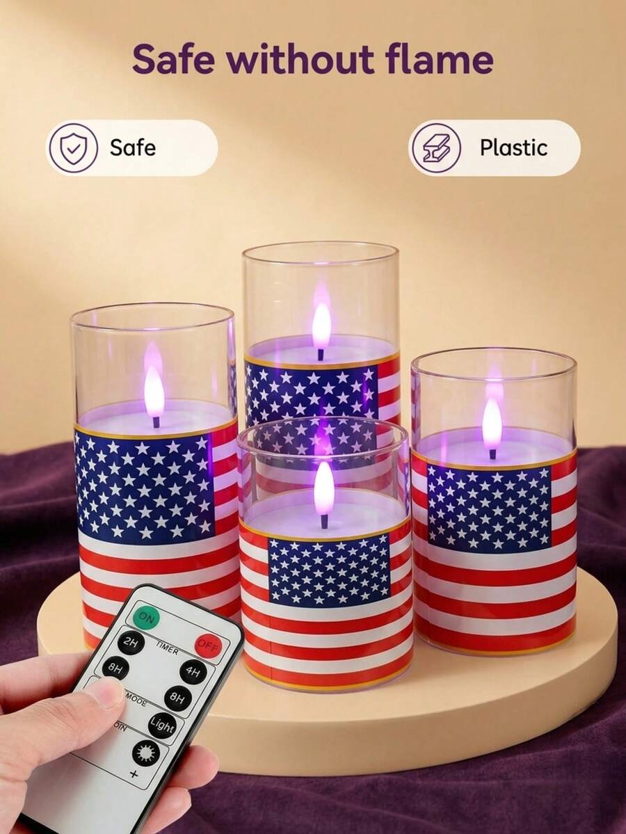 3pcs Flameless Candle Lights With Remote Control/Timer, Battery Operated Candles, Warm Light Candles For Tabletop Centerpiece Decor, Suitable For 4th Of July, Holiday Atmosphere Decoration - Purple Light - View 1