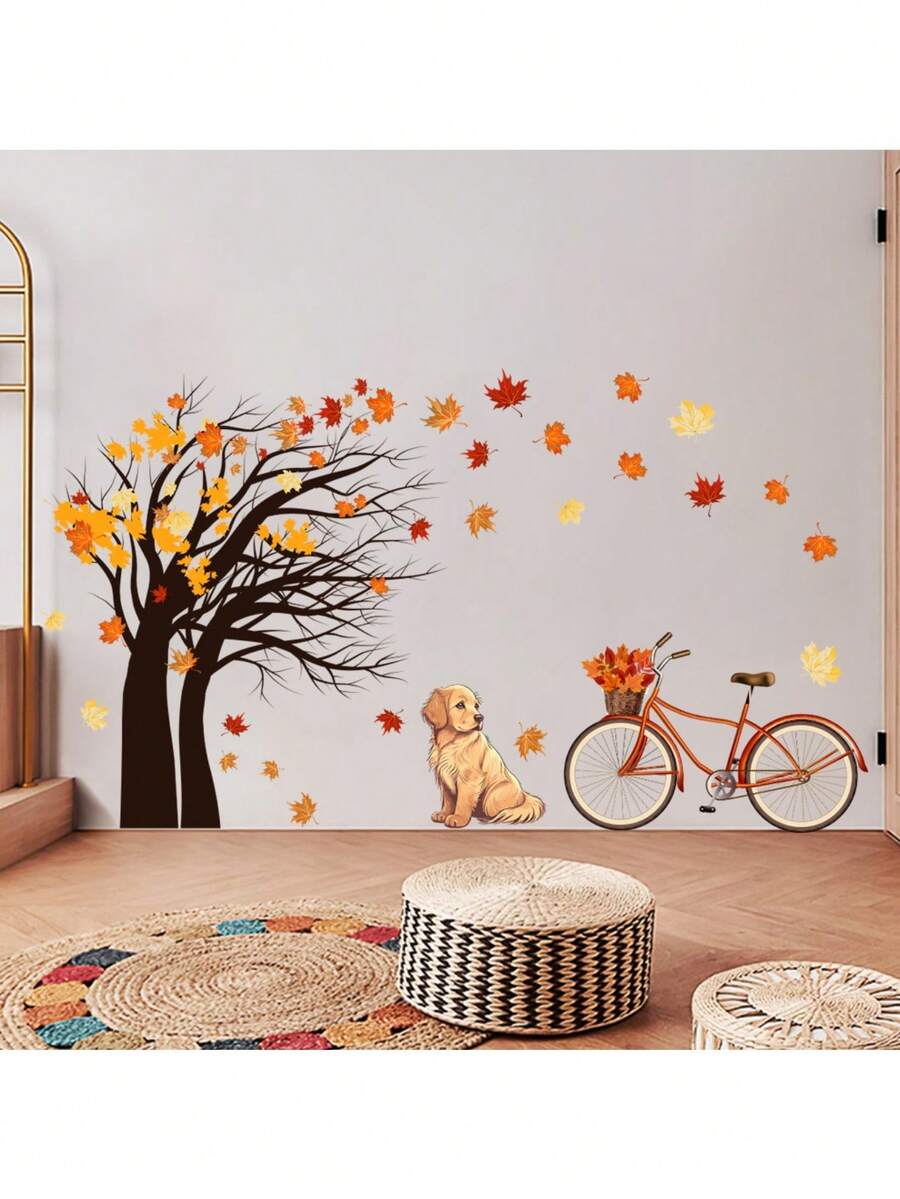 Herbst Ahornbaum Wandtattoo, süßer Golden Retriever Hund mit Fahrrad und Herbstblättern Wandaufkleber, abnehmbar und selbstklebend saisonale Heimdekoration - Herbstliche Ahornbäume - Übersicht 1