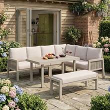 Garden Dining Set, Patio Furniture, 8 People, Corner Configuration, Galvanized Iron, Glass Tabletop, Hand-Braided PE Rope, Including Table, Benches And Sofas, Khaki - Khaki - View 3
