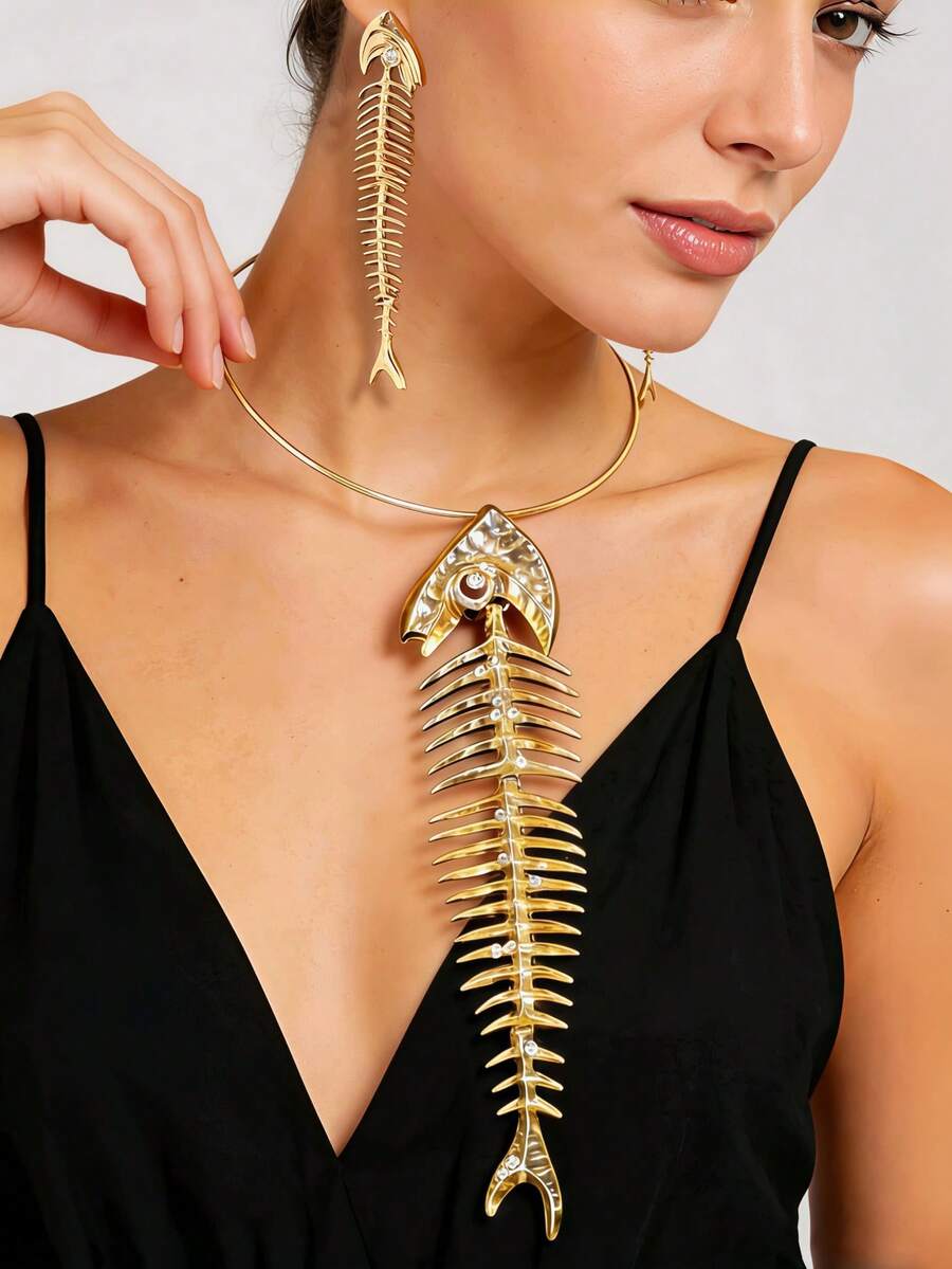 1 Set Summer Beach Vacation Personalized Cool Vacation Style Gold-Plated Rhinestone Fishbone Choker + Long Earrings Set Women's Party Street Niche Design Jewelry - Yellow Gold - View 1