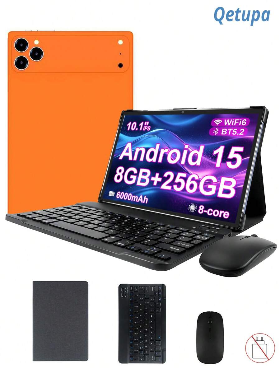 Qetupa 10.1 吋 Android 15 平板電腦,附保護殼、鍵盤與滑鼠,8GB RAM、256GB 儲存空間(支援 1TB SD 卡擴充),1280x800 觸控螢幕,5MP 前置相機、8MP 後置相機,6000mAh 電池,藍牙 5.2,GPS,不支援 SIM 卡 - 橘色 - 查看 1
