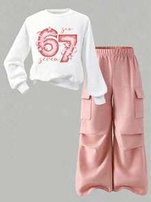 Tween Girl Digital Print Warm Crew Neck Sweatshirt And Cargo Pants - White - View 2