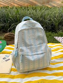 Cute Bow Striped Contrast Color Side Pocket Drawstring Multi-Pocket Large Capacity Water-Resistant Backpack, Casual College Style Bookbag Fits Books & Study Materials, Ideal For School, Commute, Travel - Multicolor - View 13