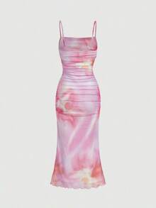 MOD Vestido largo de tirantes con estampado floral rosa y plisado de malla para el verano - Lila Púrpura - Ver 2
