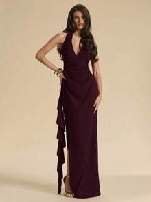 Vestido de dama de honor para primavera/verano, vestido de fiesta, vestido largo rojo con escote en V profundo, cuello halter, sexy, con volantes y abertura alta, vestido envolvente con volantes para mujer, elegante vestido maxi con cuello en V y halter con volantes para mujer - Granada - Ver 1