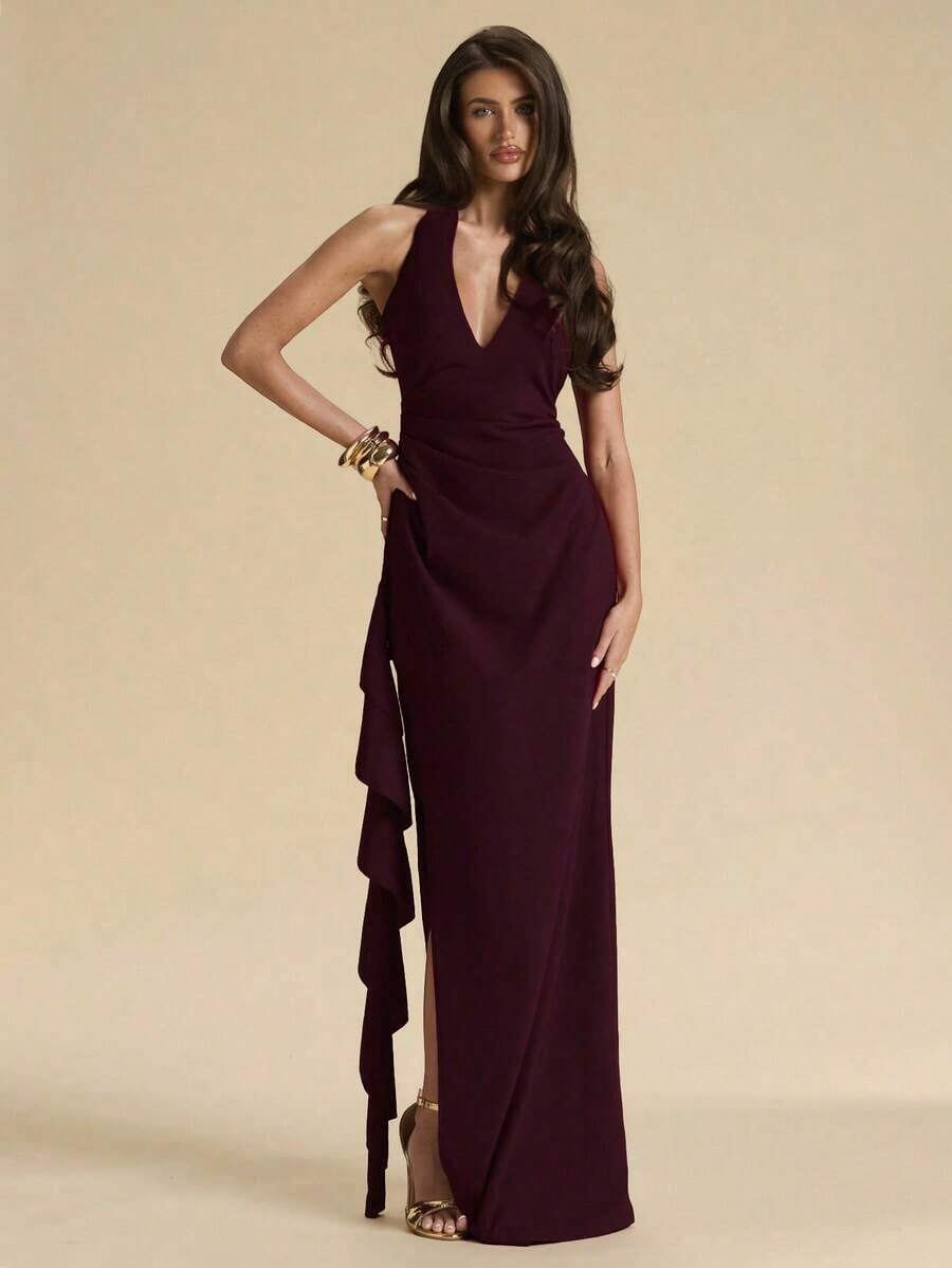 Vestido de dama de honor para primavera/verano, vestido de fiesta, vestido largo rojo con escote en V profundo, cuello halter, sexy, con volantes y abertura alta, vestido envolvente con volantes para mujer, elegante vestido maxi con cuello en V y halter con volantes para mujer - Granada - Ver 1