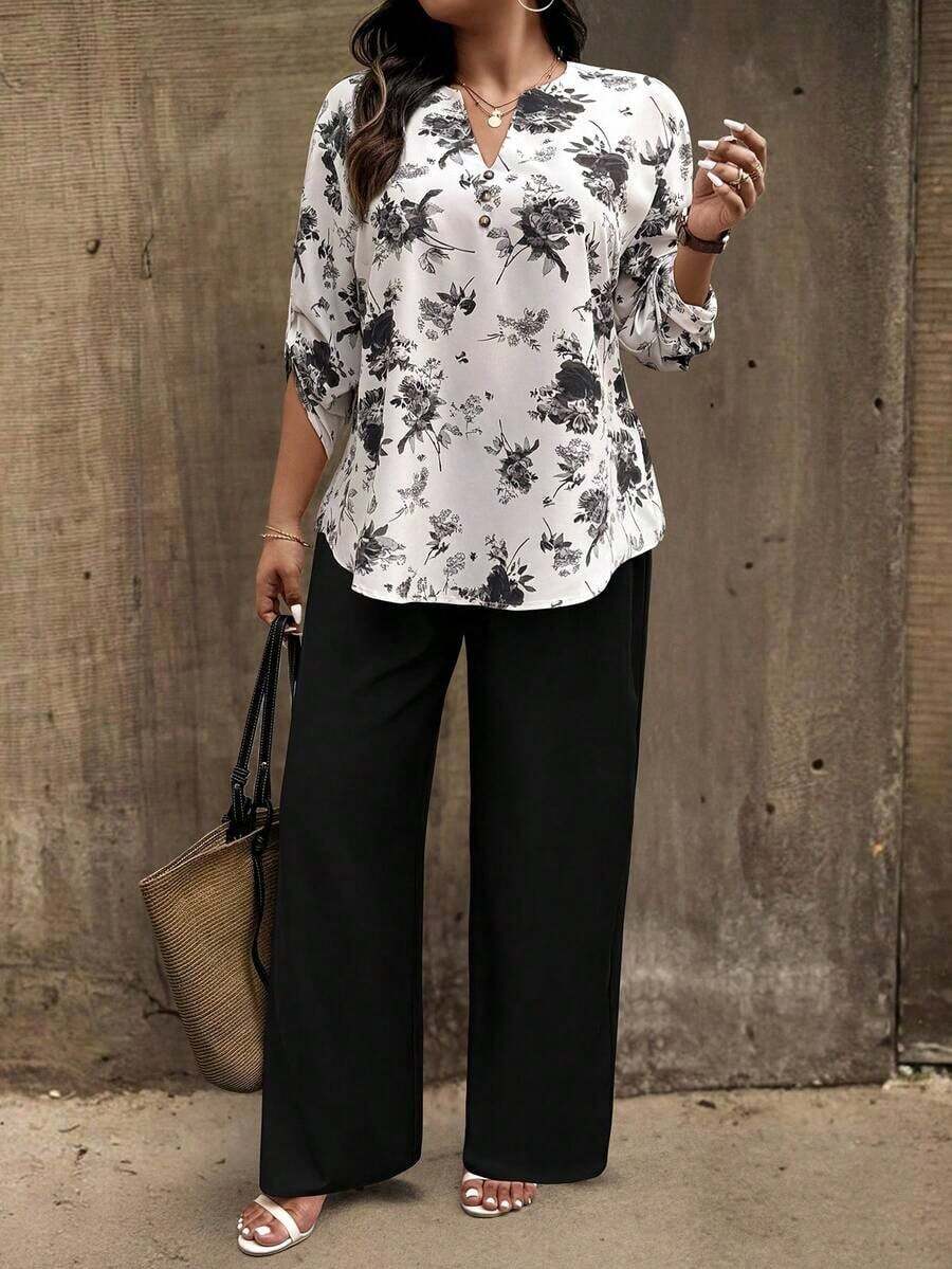 Set de 2 piezas Traje de mujer talla con cuello entallado, mangas con botones y estampado floral de color contrastante - Multicolor 21 - Ver 1