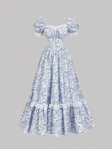 MOD Vestido floral victoriano con volantes de encaje blanco, vestido de fiesta, vestido de gala - Azul y blanco - Ver 2