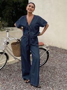 Conjunto de top con manga corta y amarre al frente, y pantalones vaqueros de corte holgado para mujer - Azul lavado medio - Ver 3