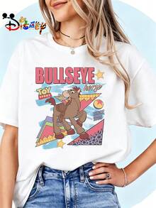 Breathable Cotton Disney Fan Tee | "Woody's Horse Bullseye" Nostalgic Toy Story Graphic Print | Vintage Pullover Shirt - 白色 - 查看 1