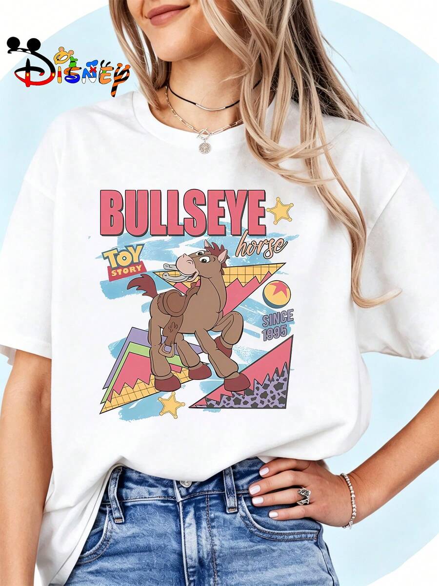 Breathable Cotton Disney Fan Tee | "Woody's Horse Bullseye" Nostalgic Toy Story Graphic Print | Vintage Pullover Shirt - 白色 - 查看 1