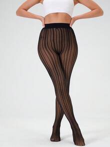 1pc Sexy Elastic Tight Pants, Double-Layer Hollow Mesh Vertical Striped Jacquard Sheer Tights, Women's Warm Leggings For Autumn/Winter, Soft Comfortable Warm Black Stockings, Suitable For Christmas, Halloween, Daily Wear, Temperature 10-25°C - Black - View 2